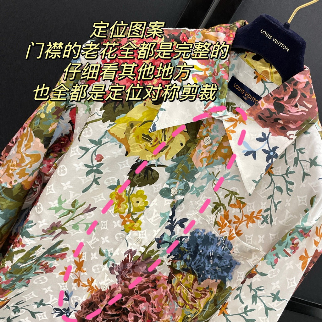 Louis Vuitton Men's Summer White Floral Print Single Breasted Silk Long Sleeve Shirt #97791