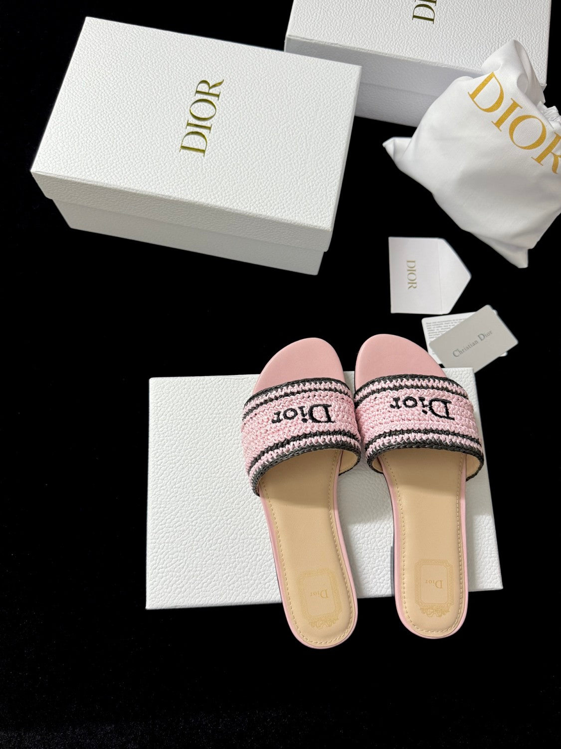 DIOR Dioriviera Dior Woven Slide Soupir Pink Crocheted Raffia-Effect Technical Fabric #387794