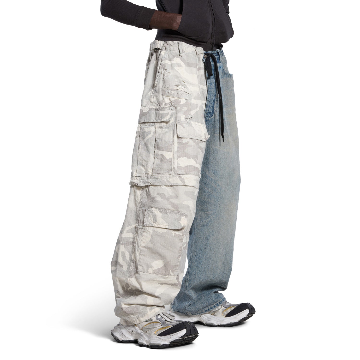 Balenciaga Men's Four Seasons Vintage Washed Camouflage Splicing Frayed Jeans Fashion High Street Straight Wide Leg Work Pants Ngvp #9121