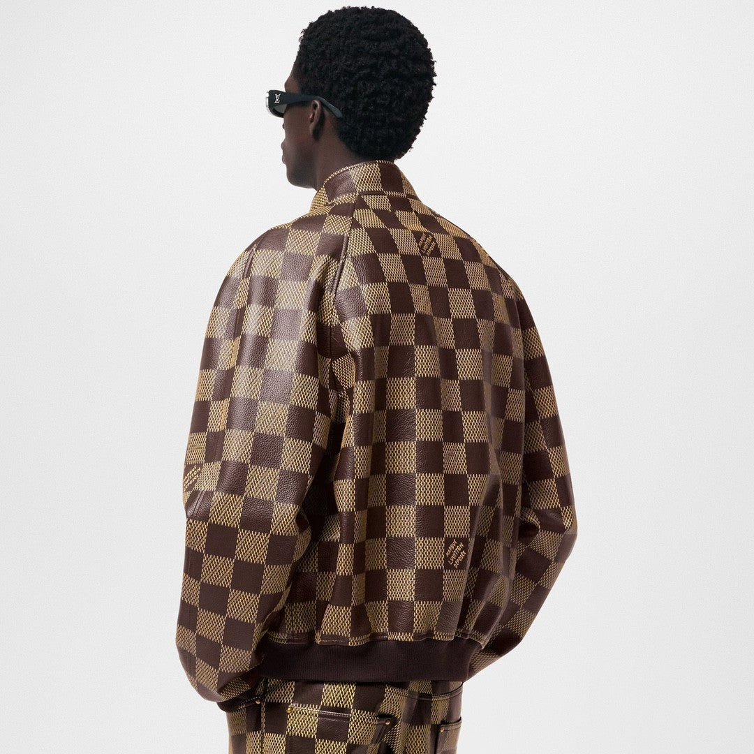 Louis Vuitton Men's Fall And Winter Brown Checkerboard Pattern Collar Zipper Cowhide Long Sleeved Jacket #72611
