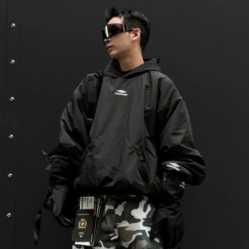 Balenciaga Men's Black Spring and Fall Logo Embroidered Printed Hooded Parker Ski Sweatshirt #75147