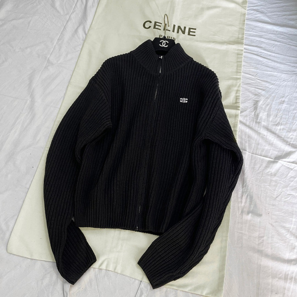 Celine TRIOMPHE Men's Spring/Autumn Solid Color Fashionable Casual Logo Embroidered Zipper Long Sleeve Wool Trucker Sweater Jacket #78242