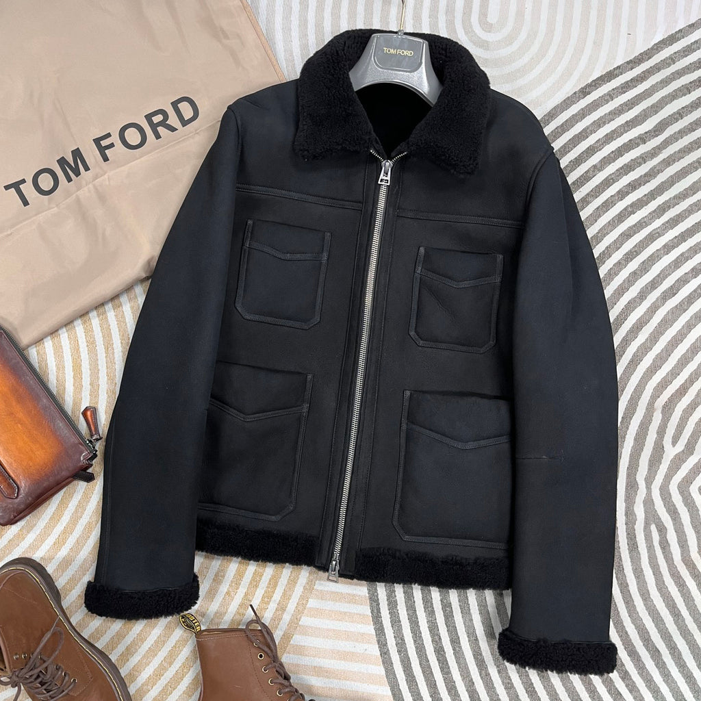 Tom Ford Men's and Women's  Winter Fashion Casual Lapel Zipper Classic Four-Pocket Leather and Fleece Hybrid Jacket #78814