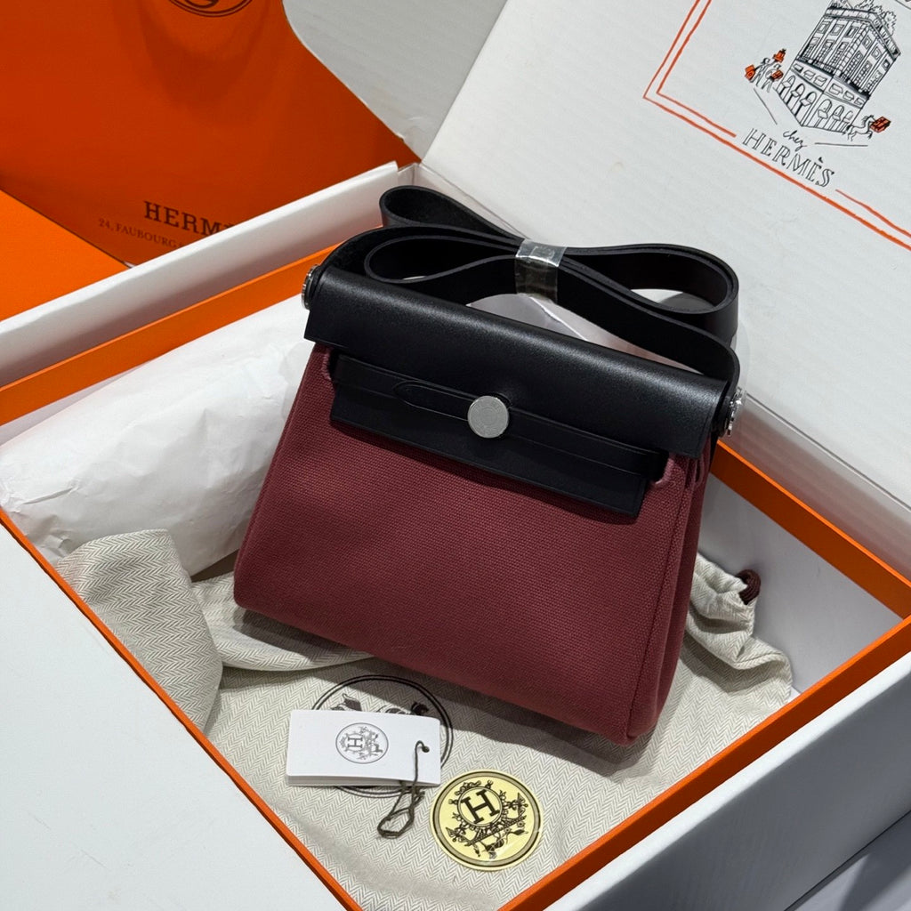 Hermes H -Mini Herbag Women's Color Blocking Metal Buckle Canvas and Cowhide Handbag Shoulder Satchel Bag Bags #76411