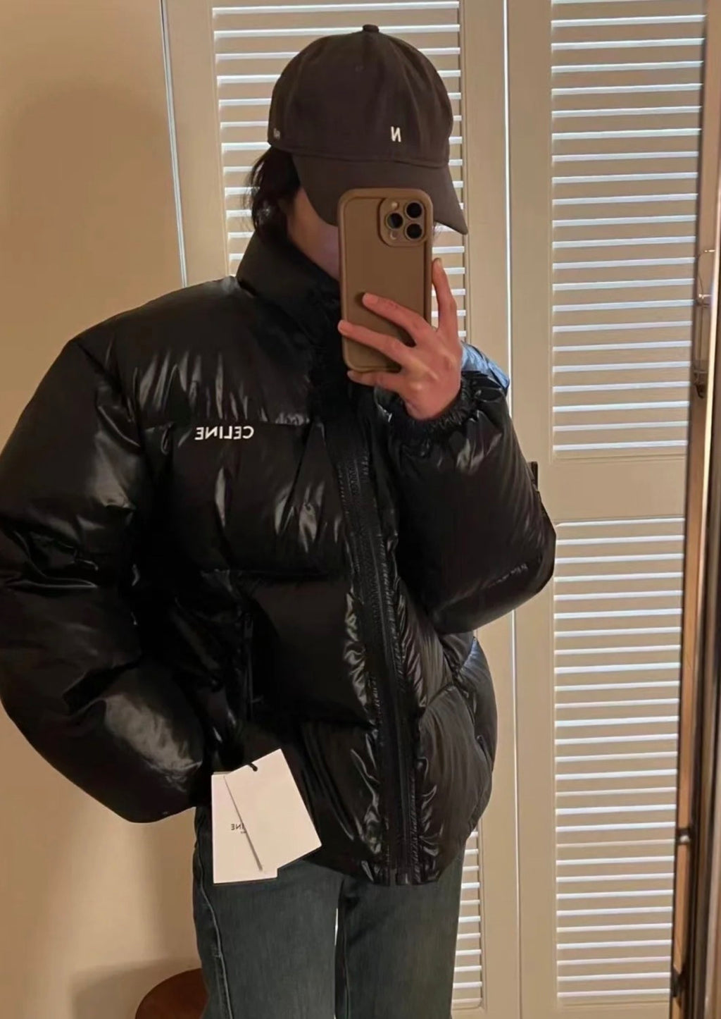 Celine Men's Women's Autumn And Winter Printed Lightweight Nylon Down Jacket Fashion Loose Casual Black Trend 90 White Goose Down Down Jacket #81646
