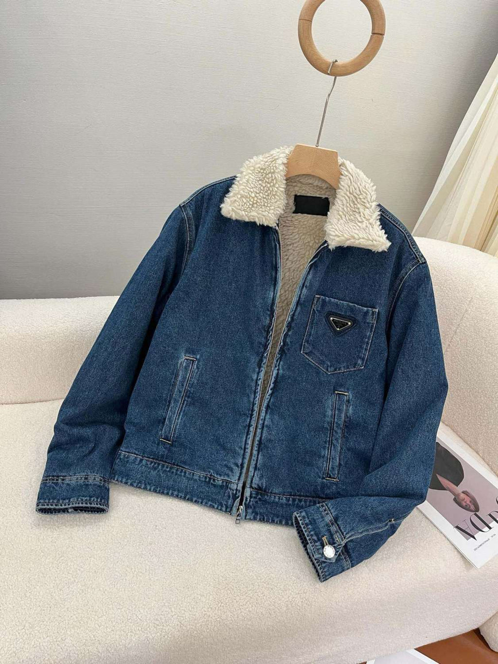 Prada Men's Autumn and Winter Solid Color Lambswool Lapel Long Sleeve Zipper Denim Jacket #74495