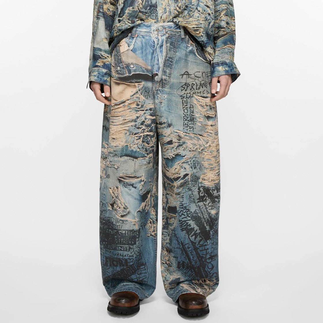 Acne Studios Men's Four Seasons Printed Hole Torn Solid Color Super Baggy Straight Fit Jeans Ngvp #1413