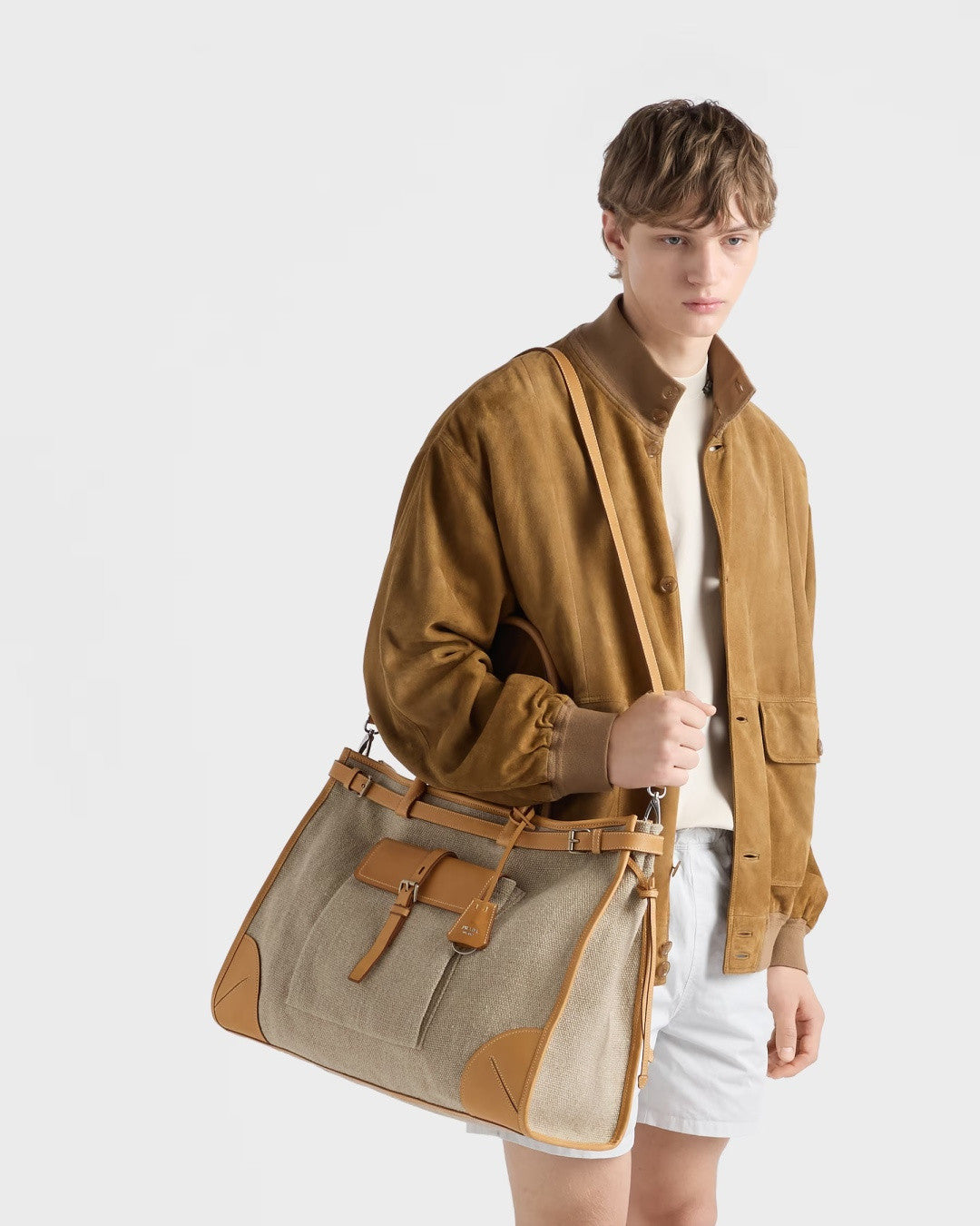 Prada Men's Bonnie Cowhide Tote Bag Suede Tote Bag Handbag Fashionable Belt Buckle Large Bags #84126A