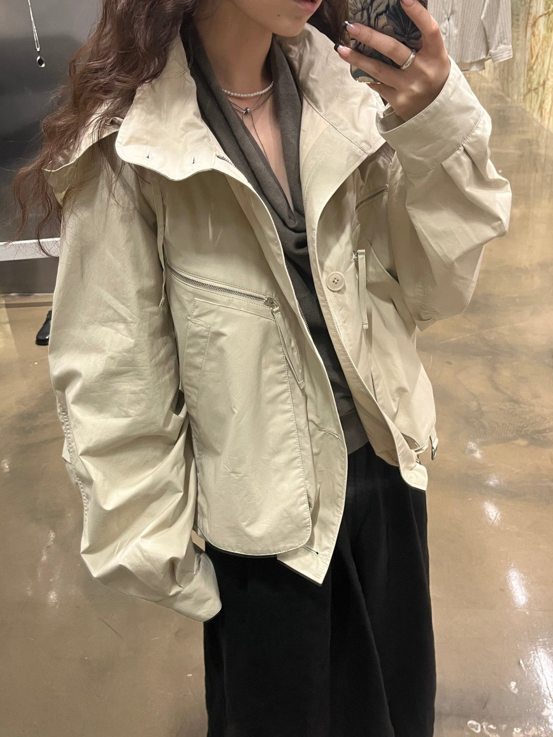 Lemaire Men's Spring/Fall Parachute Jacket Solid Color High-Neck Cotton Zipper Jacket with Zippered Pockets Ngvp #2378