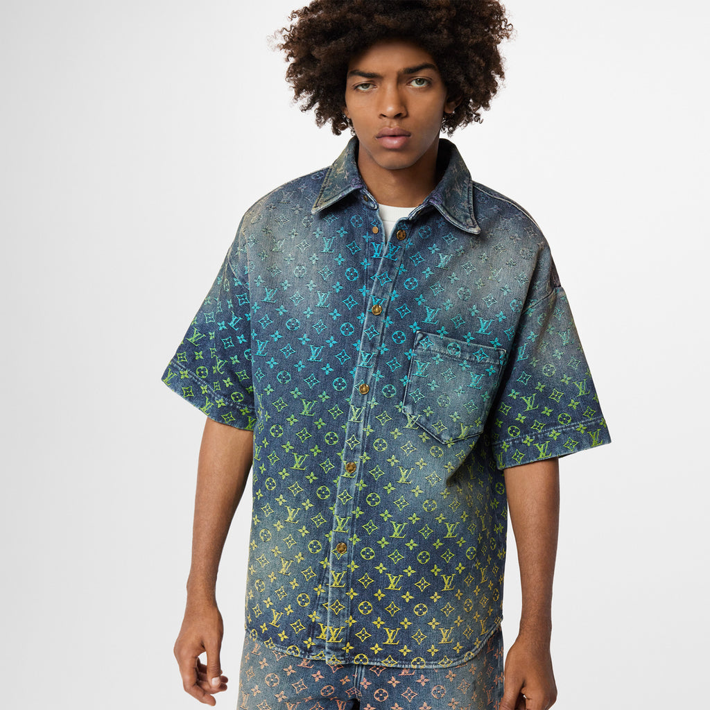 Louis Vuitton Rainbow Monogram Embroidered Short Sleeve Denim Shirt Straight Shorts Fashion Casual Suit Set #71411