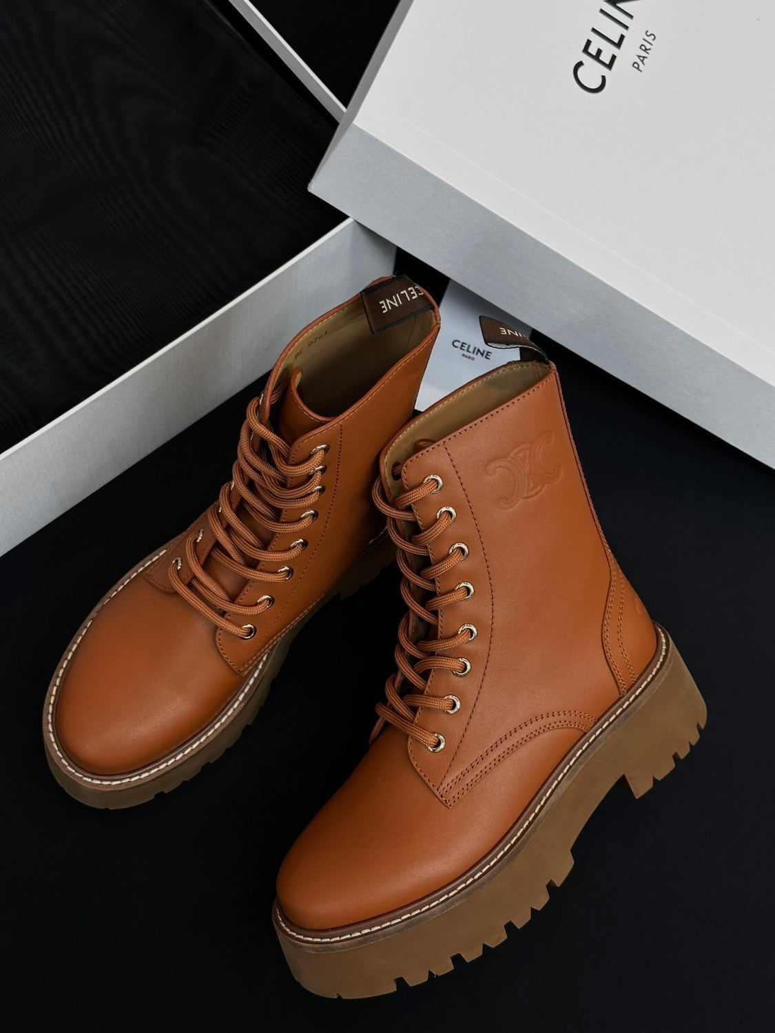 Celine Women's Spring/Fall Fashion Classic Nylon Glossy Leather Lace Up Thick Sole Martin Boots Short Boots Shoes #78277