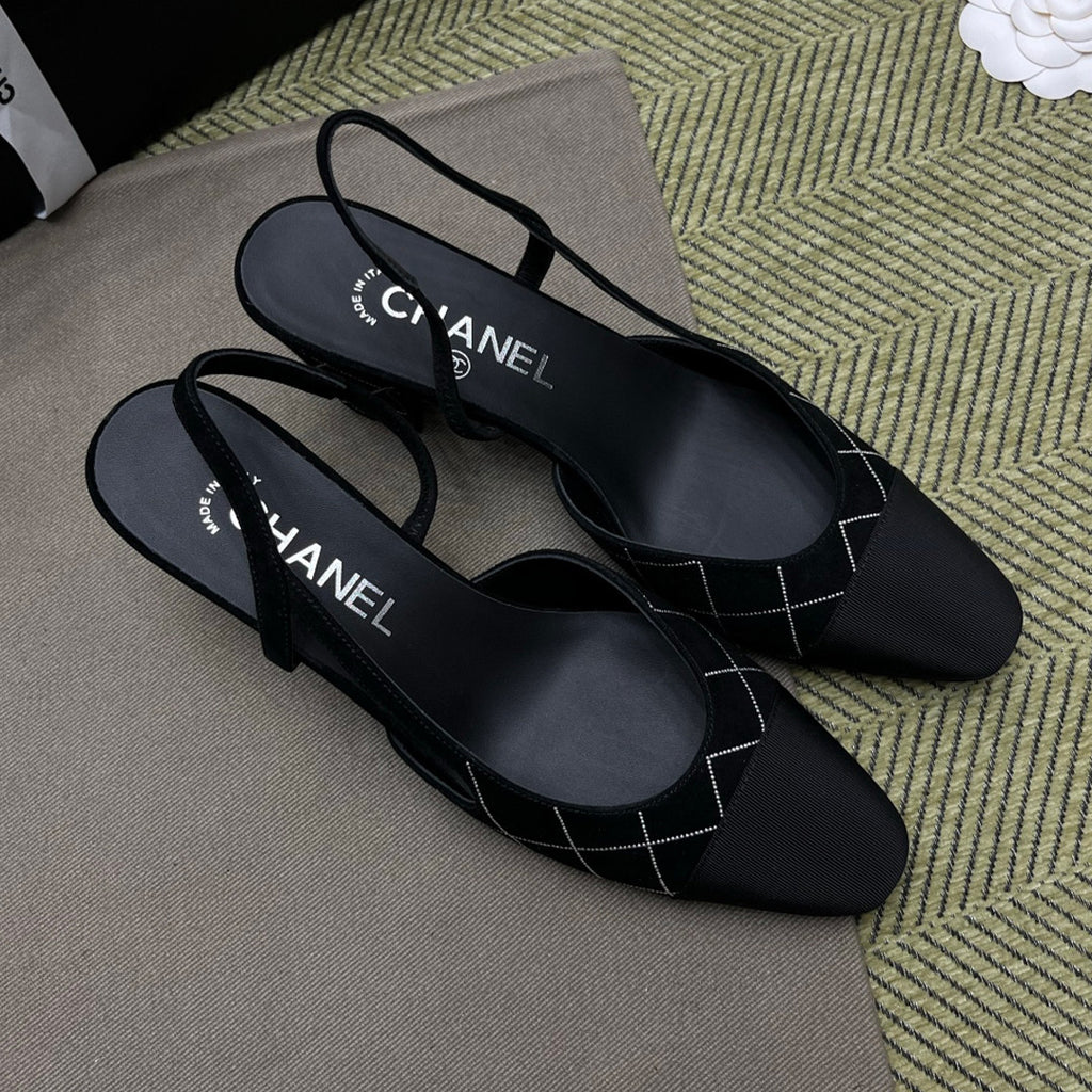 Chanel Women's Checkered Rhinestone Suede Cowhide Solid Color Chunky Heel High Heel Sandals Slingbacks Flat Shoes Spring. Summer. And Fall Casual Shoes Ngvp #2143
