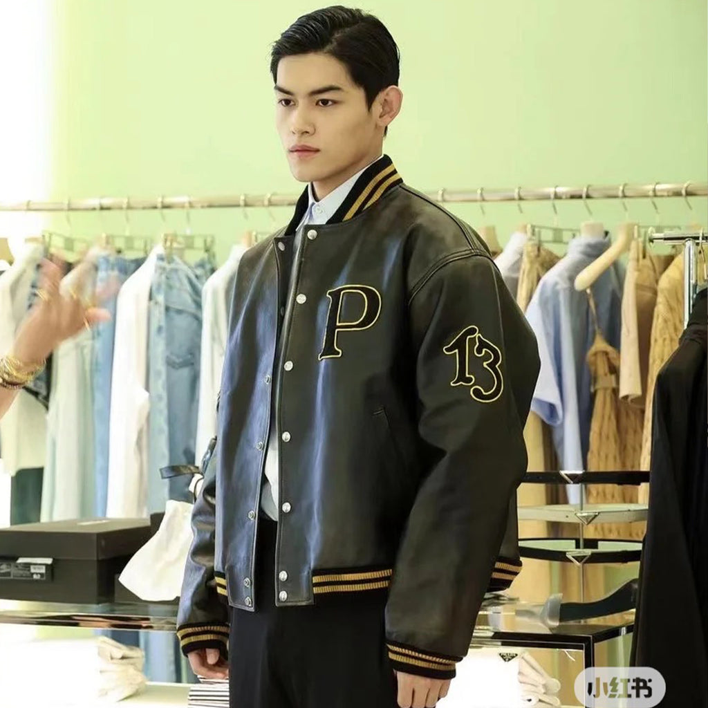 Prada Men's And Women's Fall And Winter Retro Letters High Street Leather Jacket Lapel Single-breasted Jacket Coat Ngvp #9223