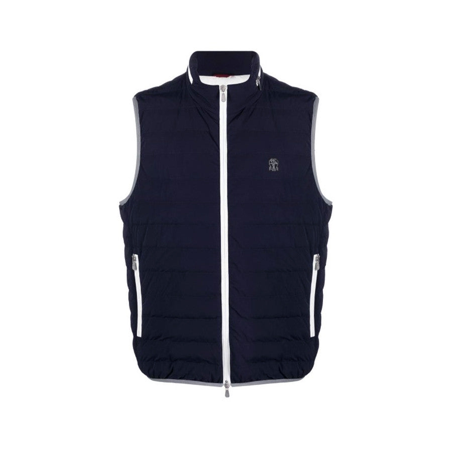 Brunello Cucinelli Men's Logo Embroidered High Neck Zipper Solid Color Fitted Straight Sleeveless Down Vest Ngvp #9665