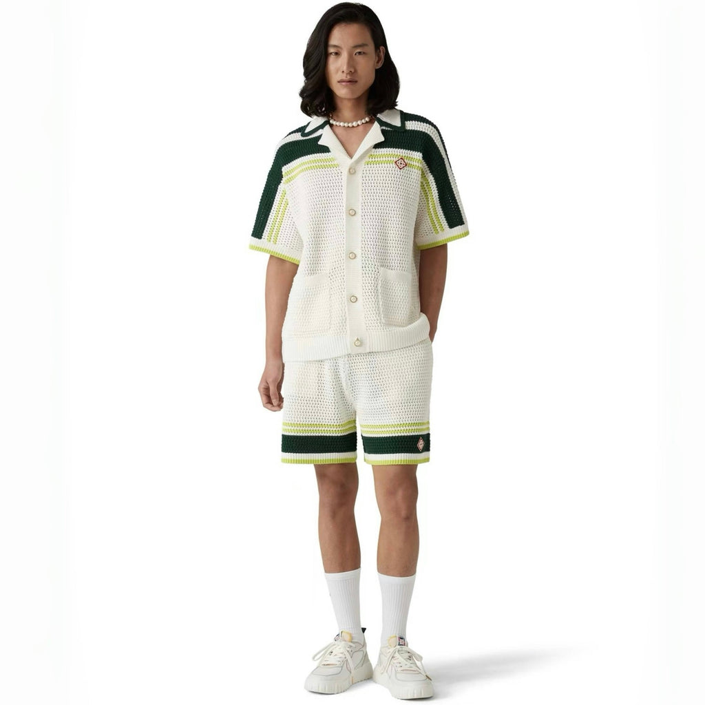 Casablanca Men's Summer Solid Color Skeleton Knit Breathable Single Breasted Short Sleeved Shirt Drawstring Tie Casual Knit Shorts Suit Set #76526