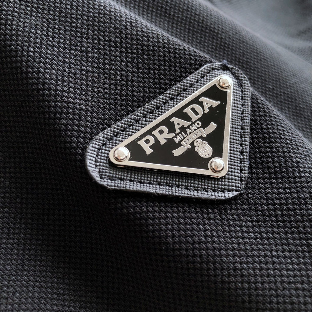 Prada Men's Summer Logo Colorblocked Lapel Cotton Short Sleeve Straight Polo Shirt #81275