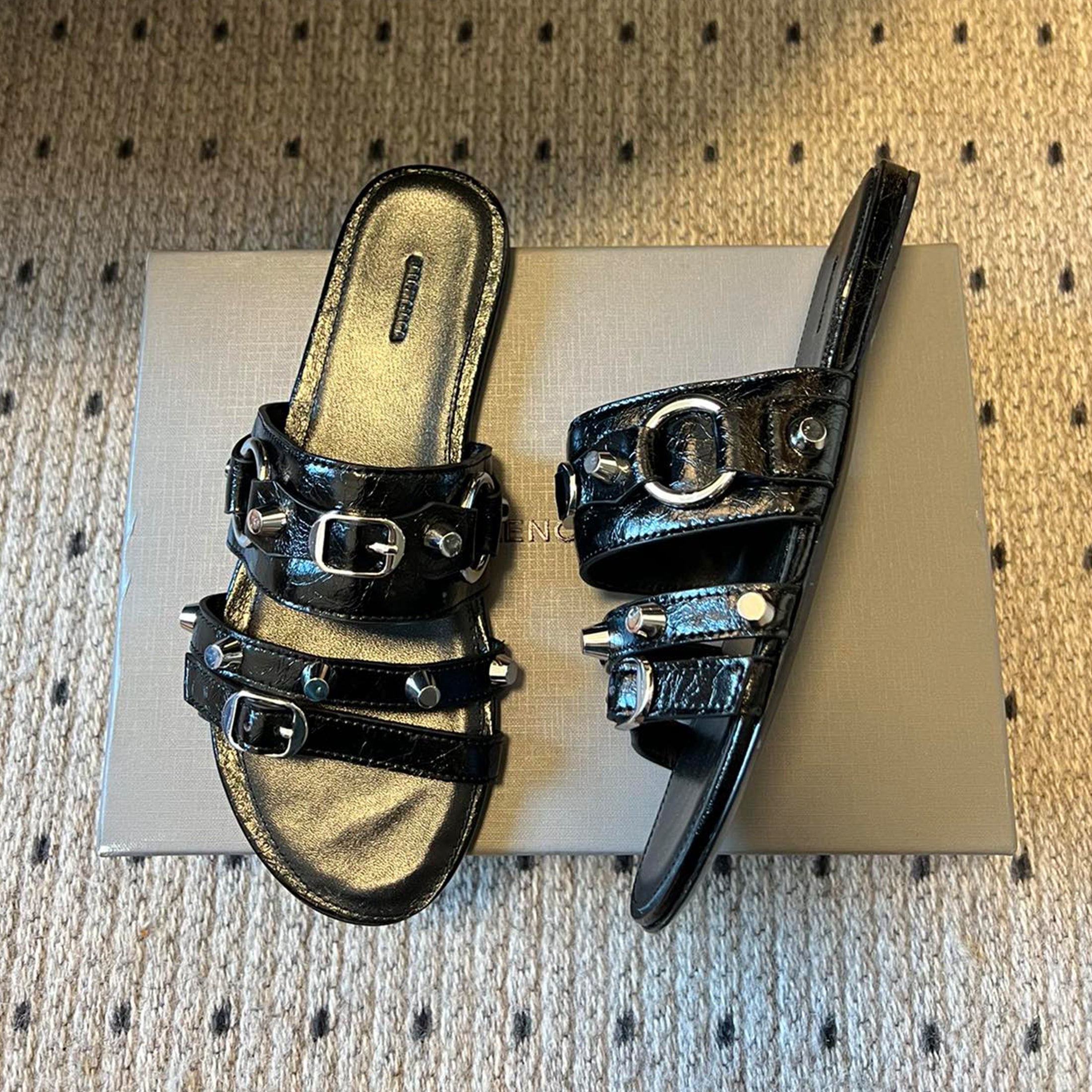 Balenciaga Women's Spring And Summer Fashion Rivets Belt Buckle Round Head Flat Slippers Punk Style Cowhide Sandals Leather  Shoes Ngvp #1595