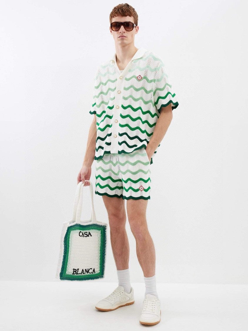 Casablanca Men's Summer Wave Stripe Single Breasted Knit Short Sleeve Shirt Cotton Shorts Pants Suit Set #98831