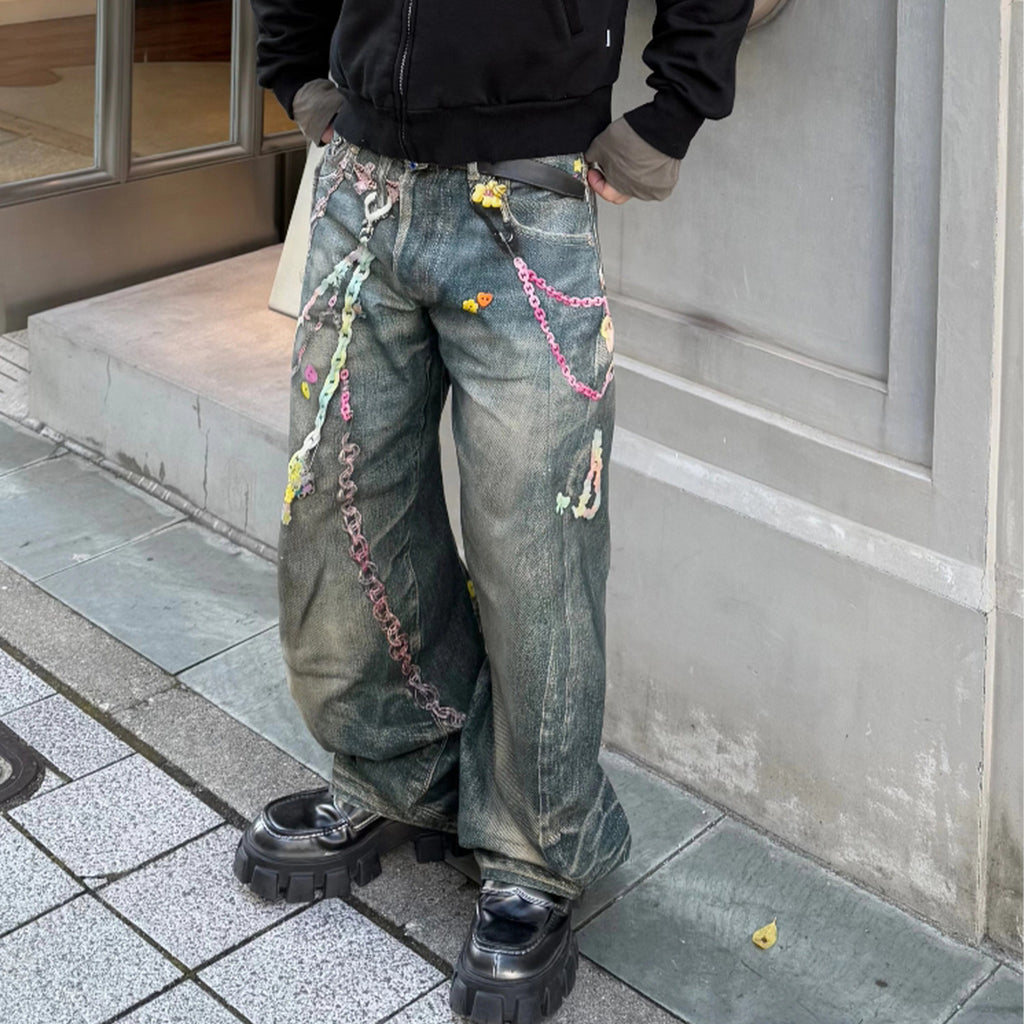 Acne Studios Men'S Women'S Four Seasons 3d Print Chain Print Loose Fit Jeans Fashion High Street Machete Pants Jeans  Ngvp #1343