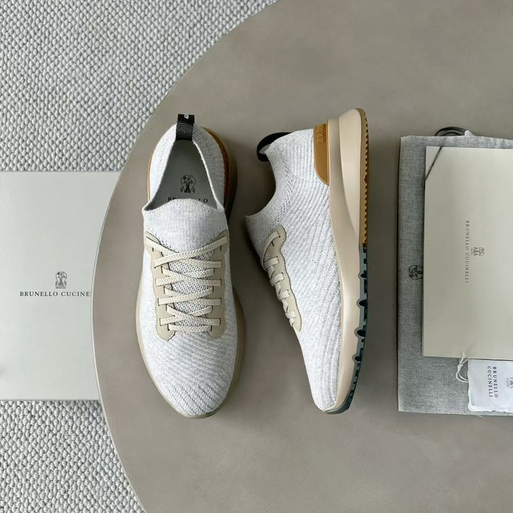 Brunello Cucinelli  Men's Spring Autumn Knitted Cotton Fabric Patchwork Semi-Polished Calfskin Sneakers Fashion Comfort Sports Running Shoes #81233