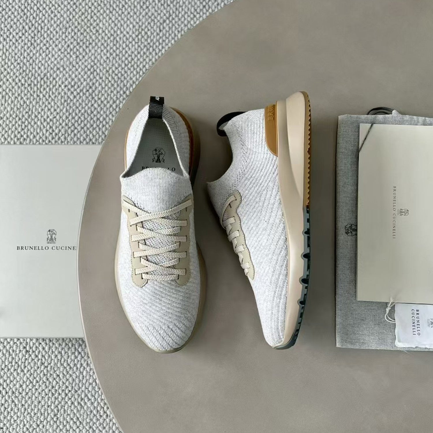 Brunello Cucinelli  Men's Spring Autumn Knitted Cotton Fabric Patchwork Semi-Polished Calfskin Sneakers Fashion Comfort Sports Running Shoes #81233