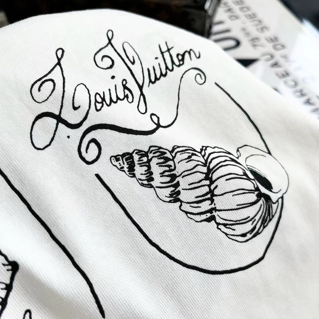 Louis Vuitton Men's Women's Summer Letter Shell Printed Cotton Short Sleeve Casual Fit White T-Shirt #71351