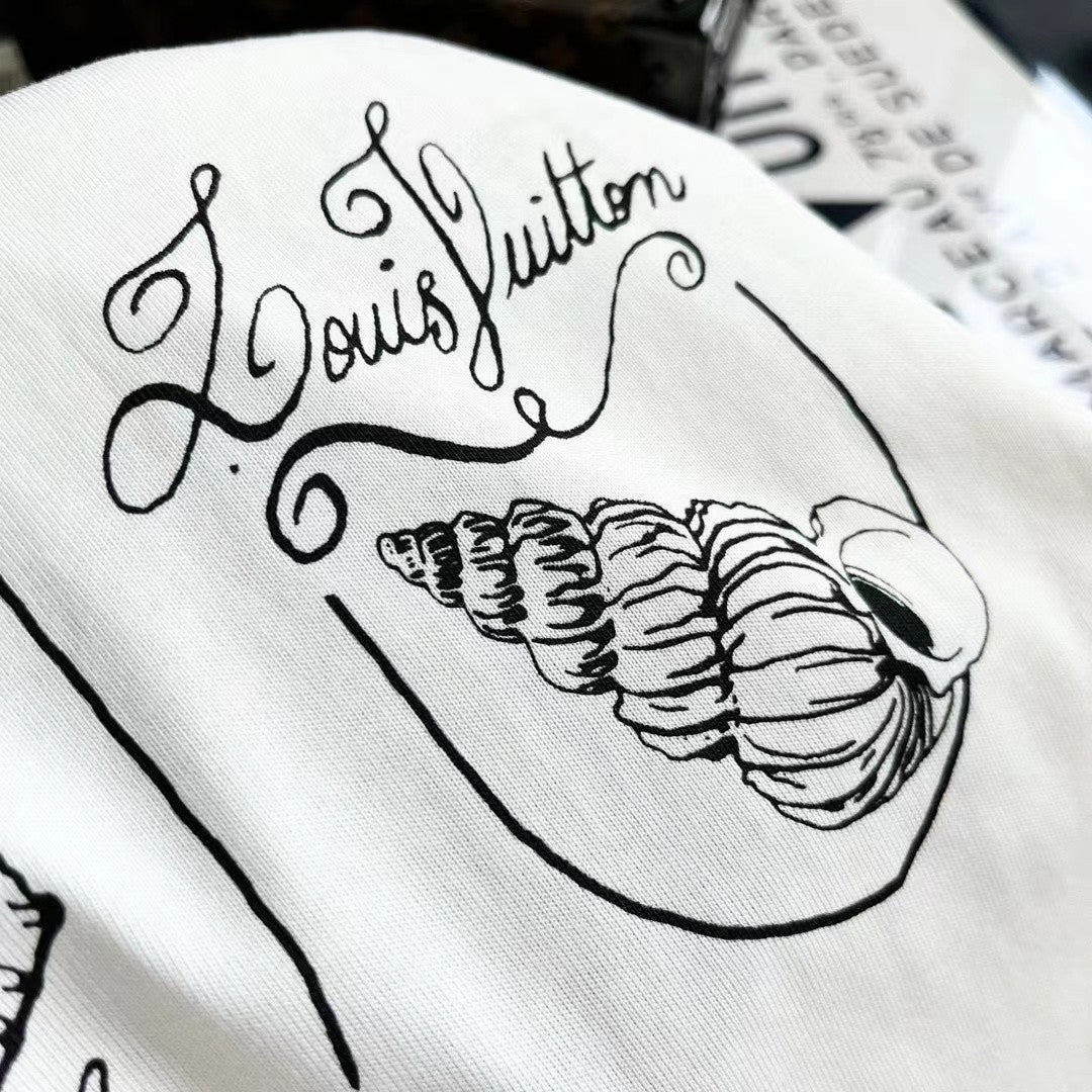 Louis Vuitton Men's Women's Summer Letter Shell Printed Cotton Short Sleeve Casual Fit White T-Shirt #71351