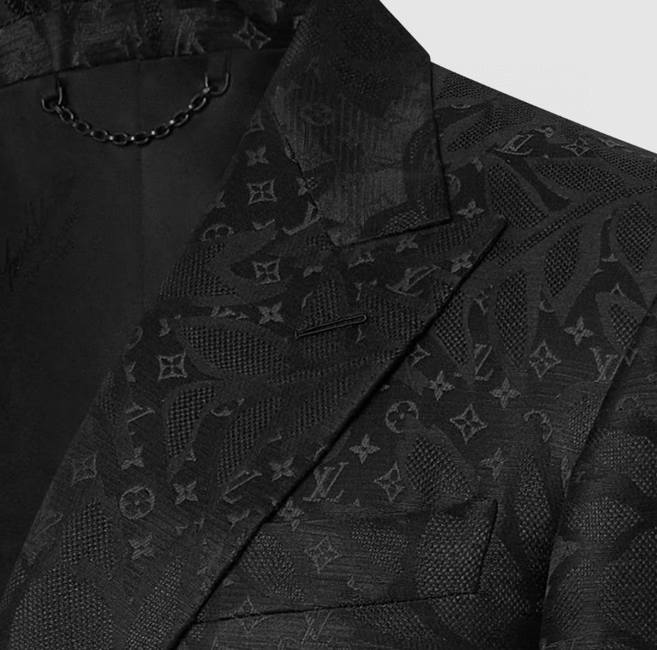 Louis Vuitton Men's Black Full Logo Printed Single Breasted Cotton Long Sleeve Jacket Coat Blazer Pants Suit Set #98784