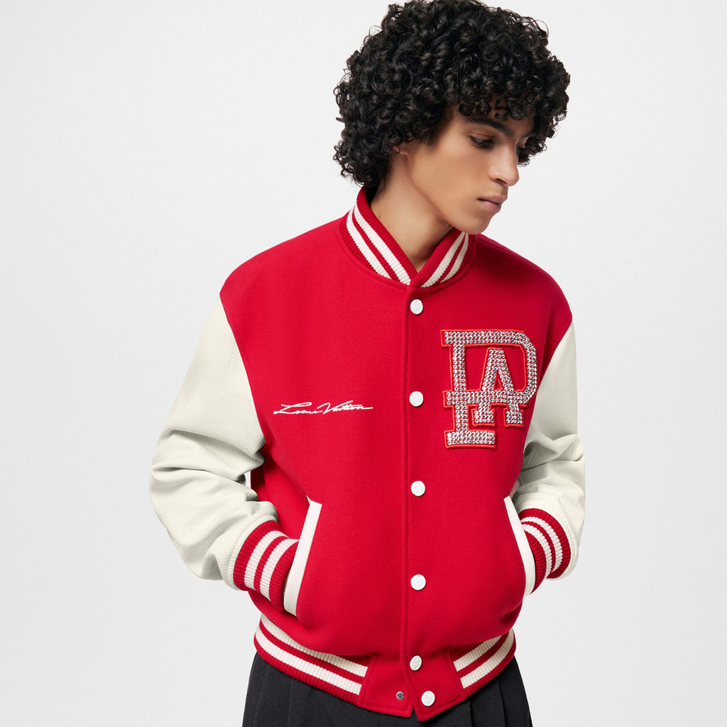 Louis Vuitton Mix Leather Varsity Blouson Men's and Women's Autumn Winter Color Blocking Embroidery Applique Cowhide Baseball Jacket #97926