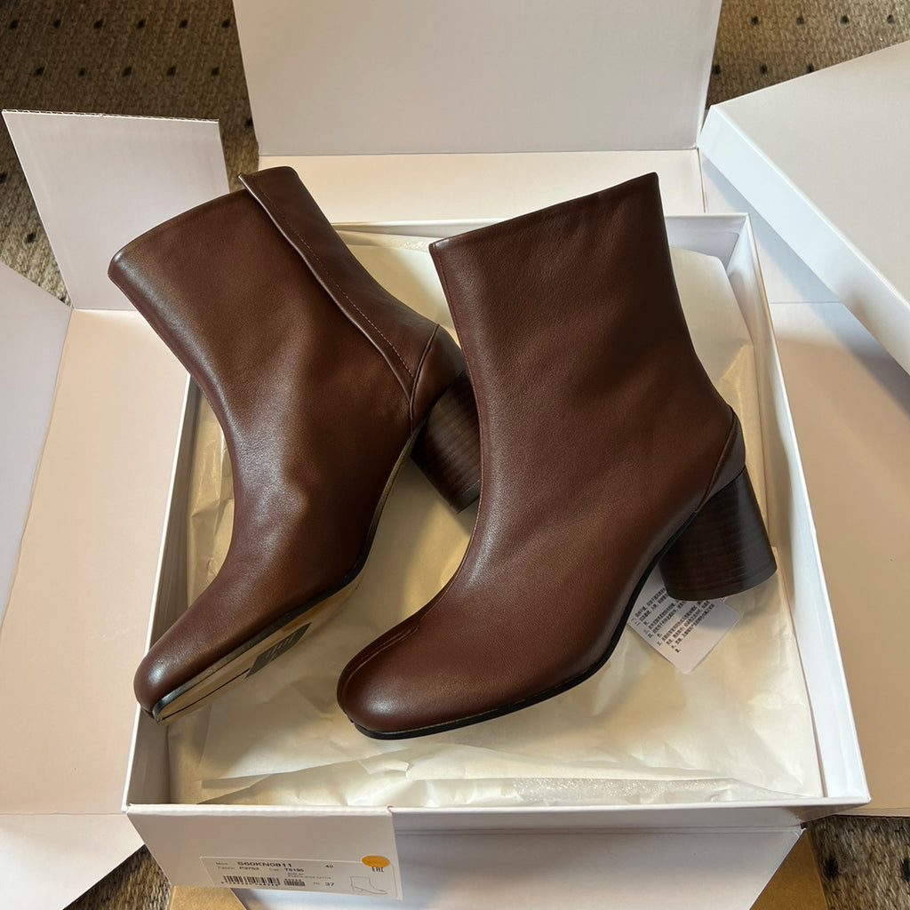Maison Margiela Women's Fall/Winter Casual Fashion Round Toe Leather Solid Color Chunky Heel Split Toe Ankle Boots Shoes #78645