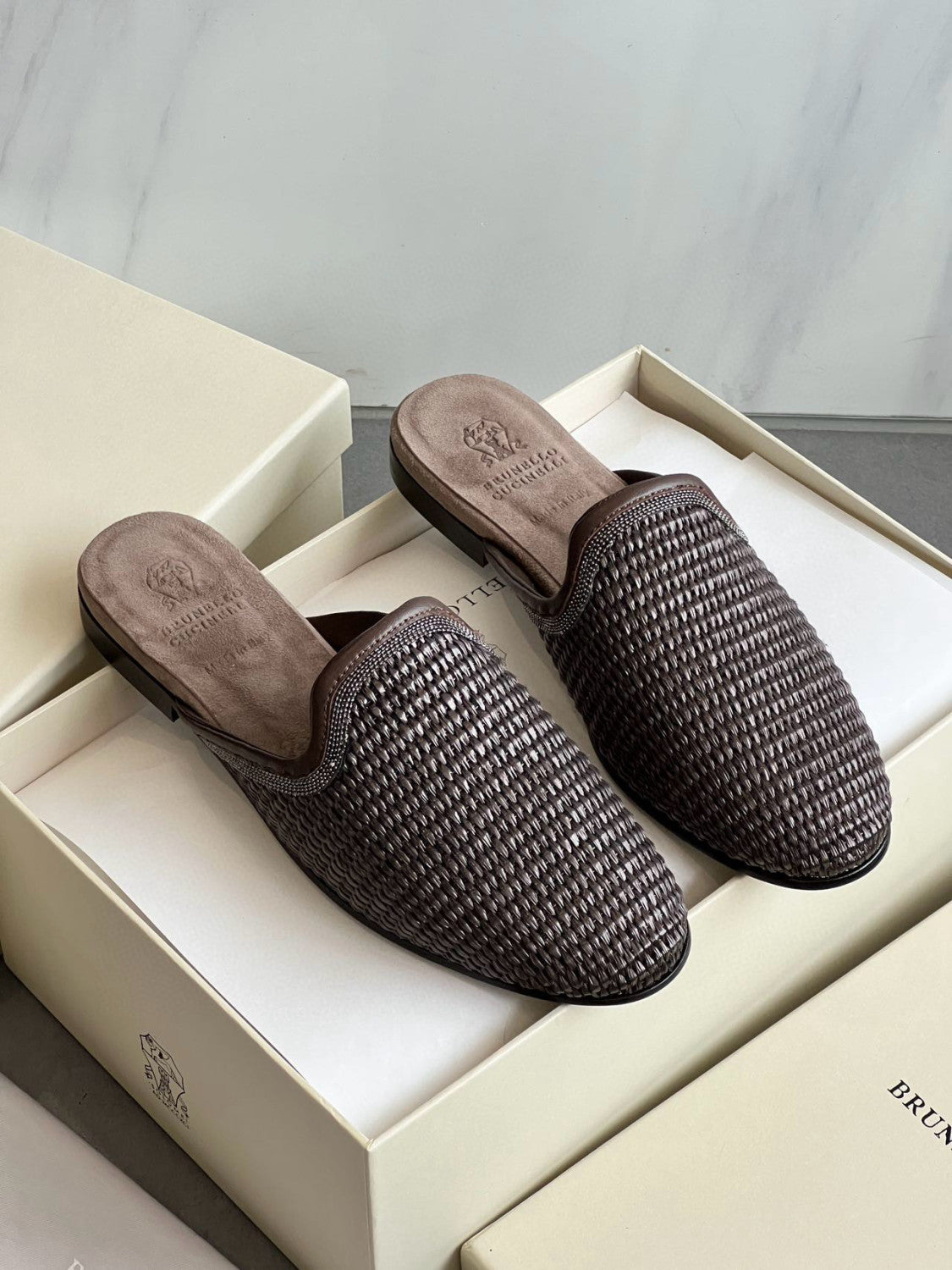Brunello Cucinelli Techno Raffia Slippers With Precious Trim Women's Fashion Breathable Casual Shoes Comfortable Flat Heel Sandals 2cm Ngvp #1589