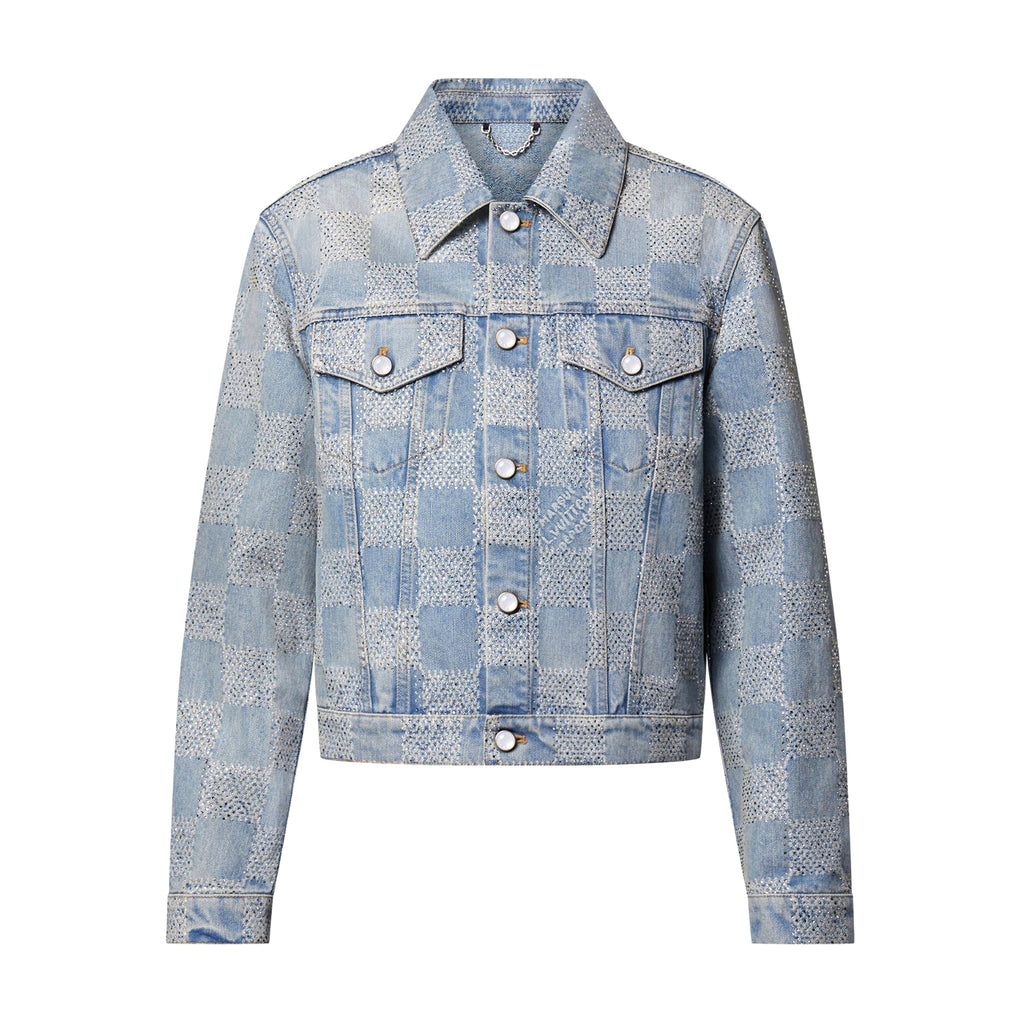 Louis Vuitton Men's Spring And Autumn Checkerboard  Print Jacquard Crystal Decoration Single Breasted Long Sleeved Denim Jacket Casual Jeans Pants Suit Set #75273