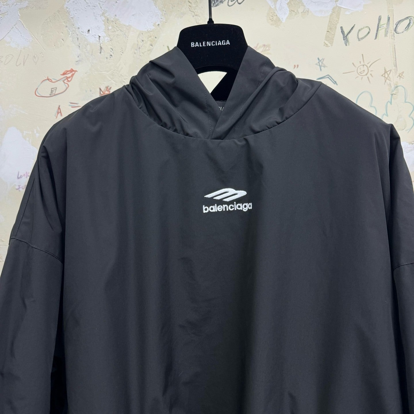 Balenciaga Men's Black Spring and Fall Logo Embroidered Printed Hooded Parker Ski Sweatshirt #75147