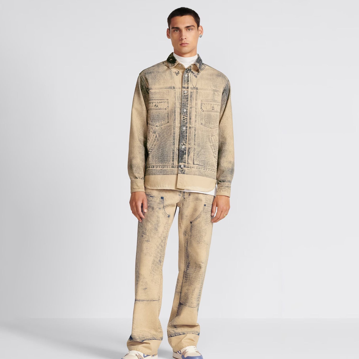 Dior Men's Spring And Autumn Worn Lapel Button Cotton Long Sleeve Fit MKII-EFFECT Mkii-Effect Overshirt Printed Multi Pocket Pants Ngvp #7541