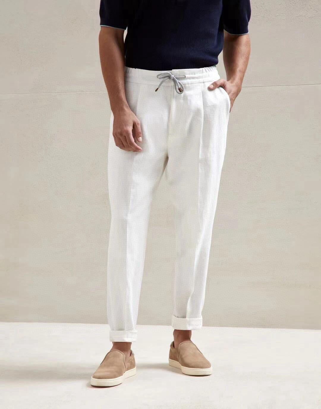 Brunello Cucinelli Men's Four-Season Drawstring Tie-Waist Plain-Colored Fitted Casual Linen Pants Ngvp #2296
