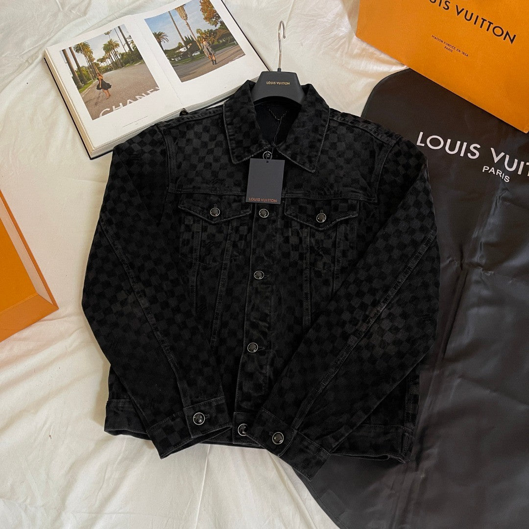 Louis Vuitton Men's Spring Autumn Black Checkered Damier Flocked Suit Lapel Single Breasted Long Sleeve Jacket Straight Wide Leg Trousers Suit Set #81138