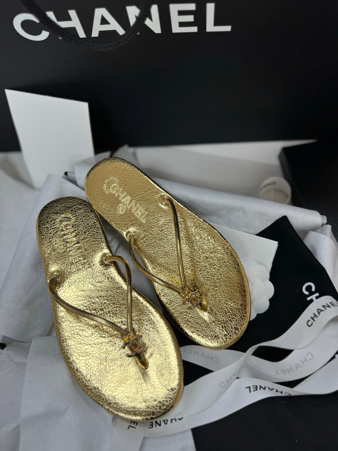 Chanel Mules Crackled Laminated Calfskin Gold #379231
