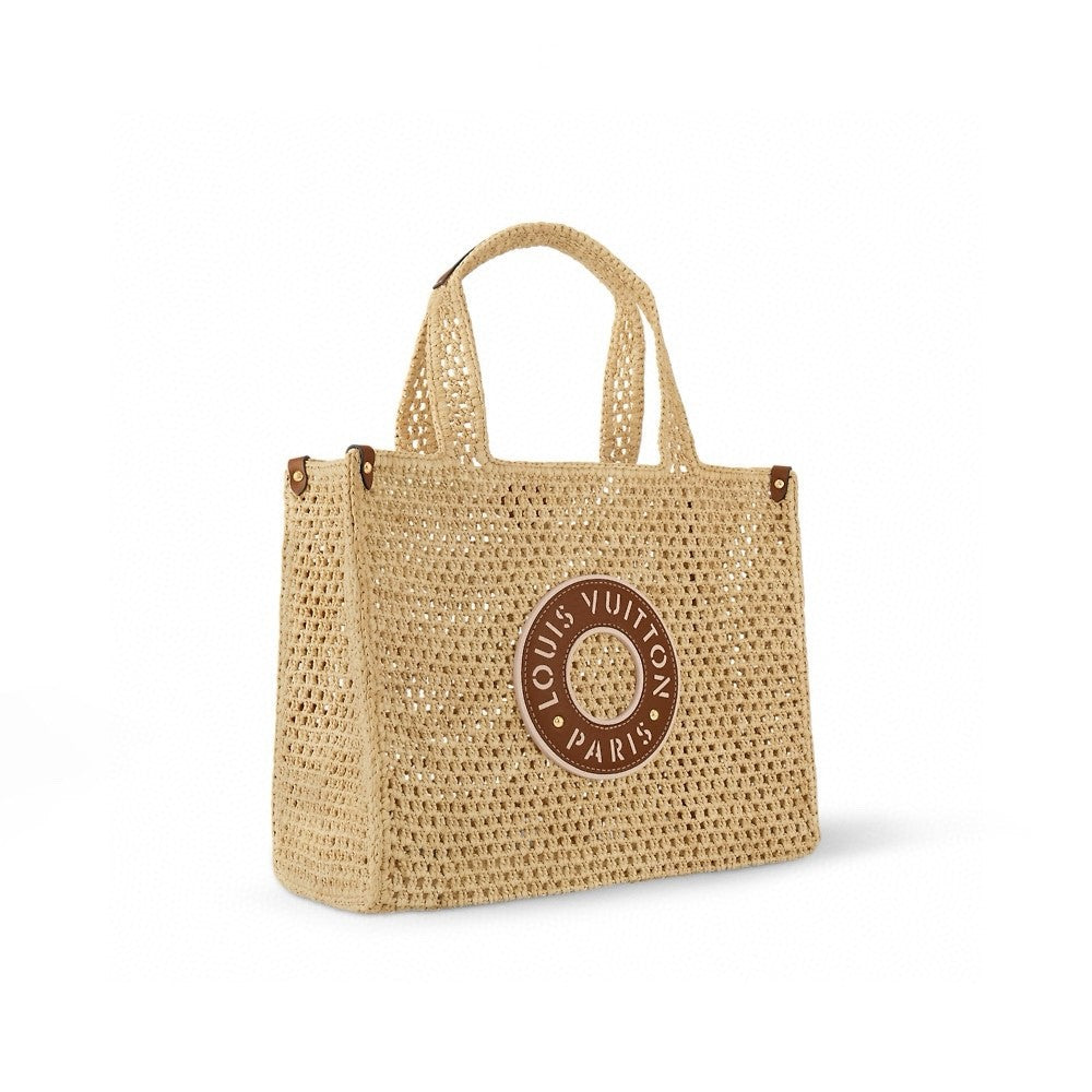 Louis Vuitton ONTHEGO Women's Solid Color Letter Logo Leather Patch Natural Raffia Shopper Handbag Tote Bag Bags #75397