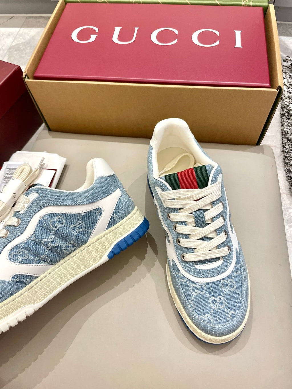Gucci Re-Web Men's and Women's Alphabet Print Colorblock Leather Low Top Lace Up Casual Sneakers Shoes #77687