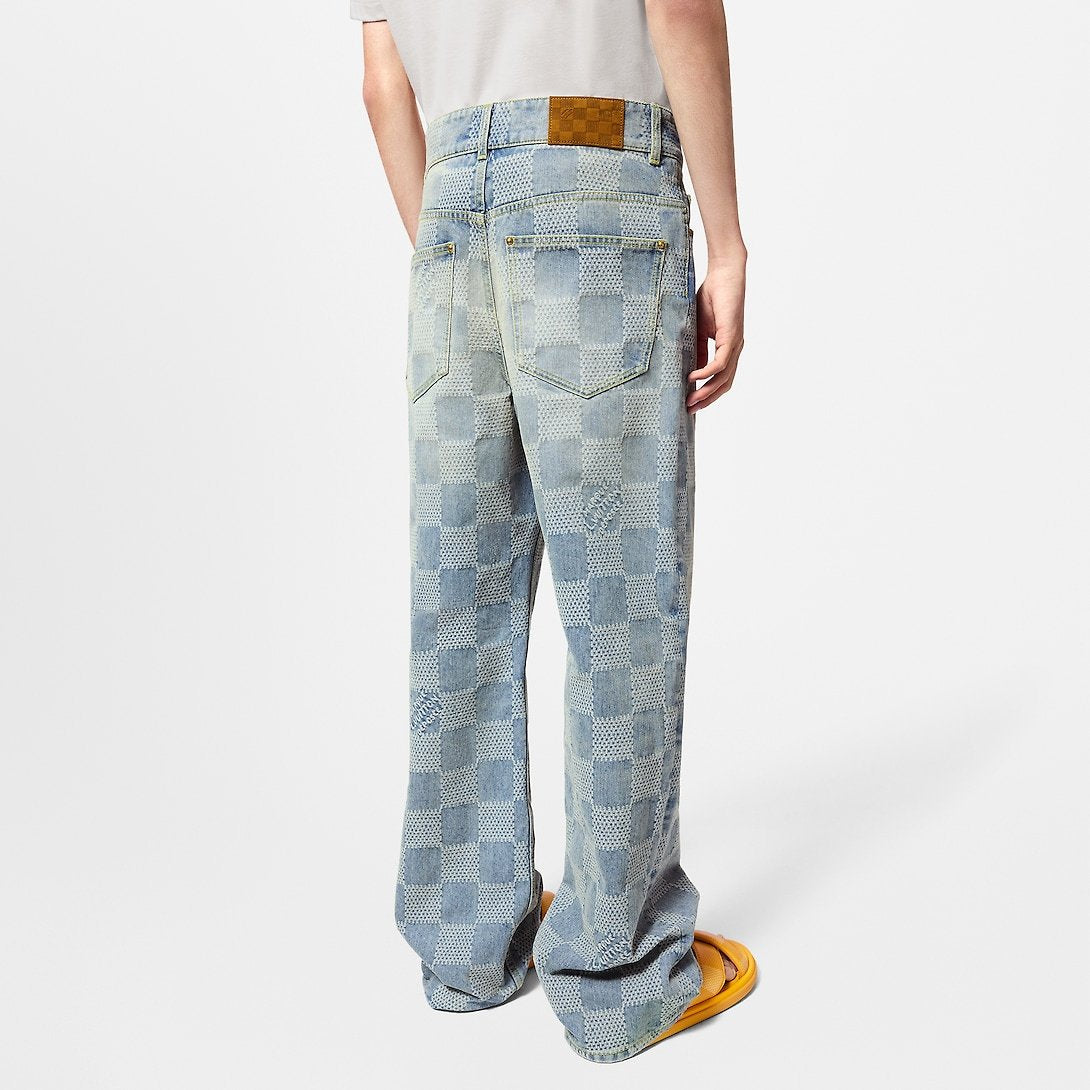 Louis Vuitton Men's Spring And Fall Jacquard Single-Breasted Lapel Long-Sleeved Faux Crystal Damier Denim Jacket Plaid Printed Straight Denim Pants Ngvp #9383