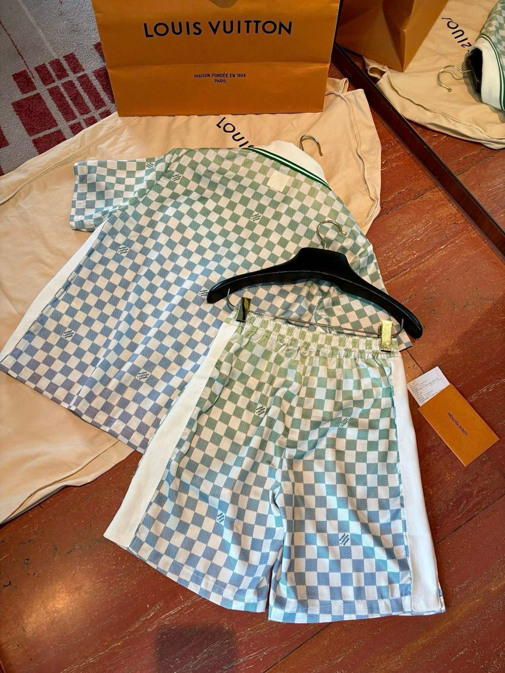 Louis Vuitton Men's Summer Colourful Letter Print Single Breasted Short Sleeve Shirt Casual Shorts Suit Set #76632