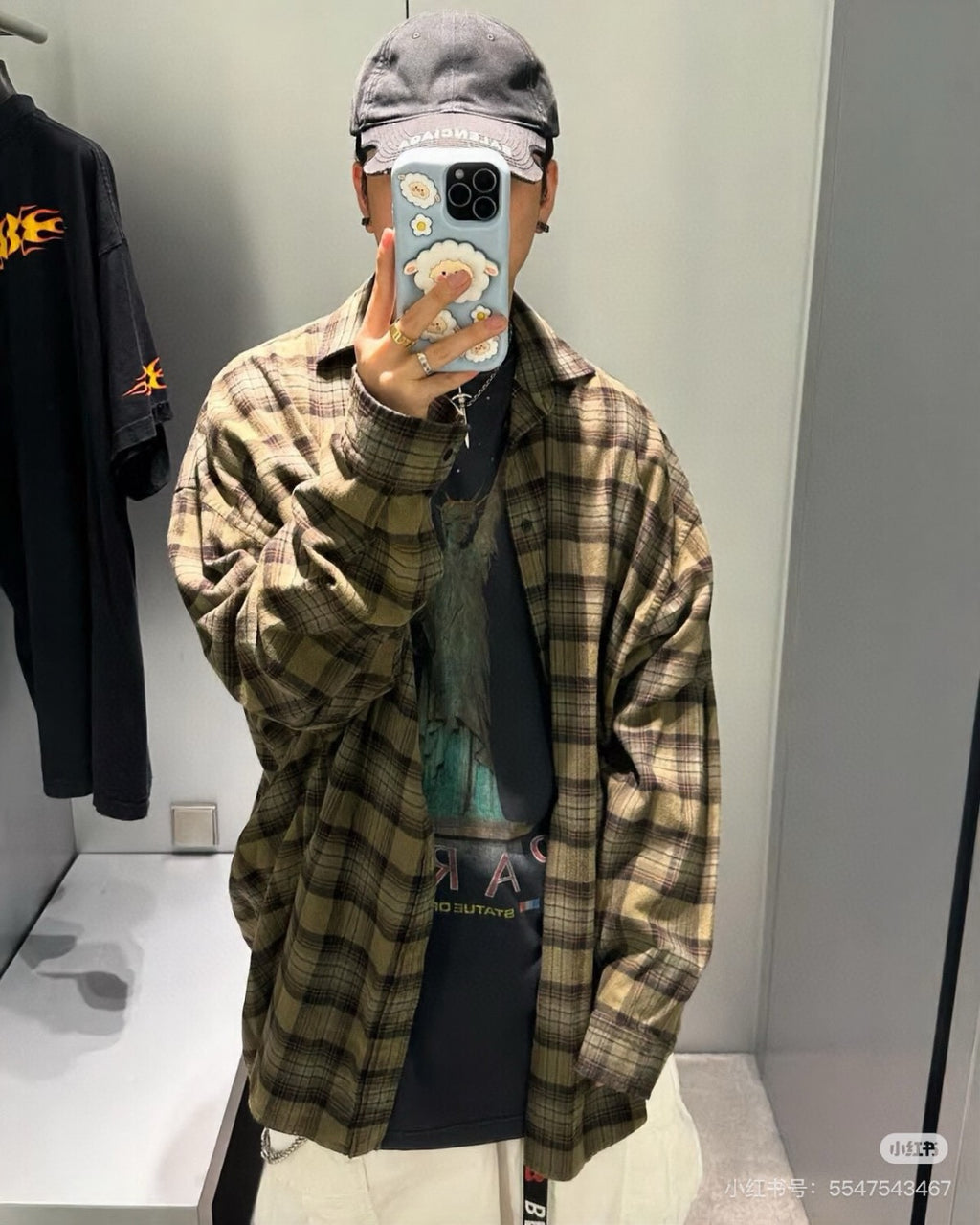 Balenciaga Men's Spring And Autumn Checkered Lapel Aged Cotton PARIS LIBERTY Loose Long Sleeve Solid Layered Shirt Ngvp #9286