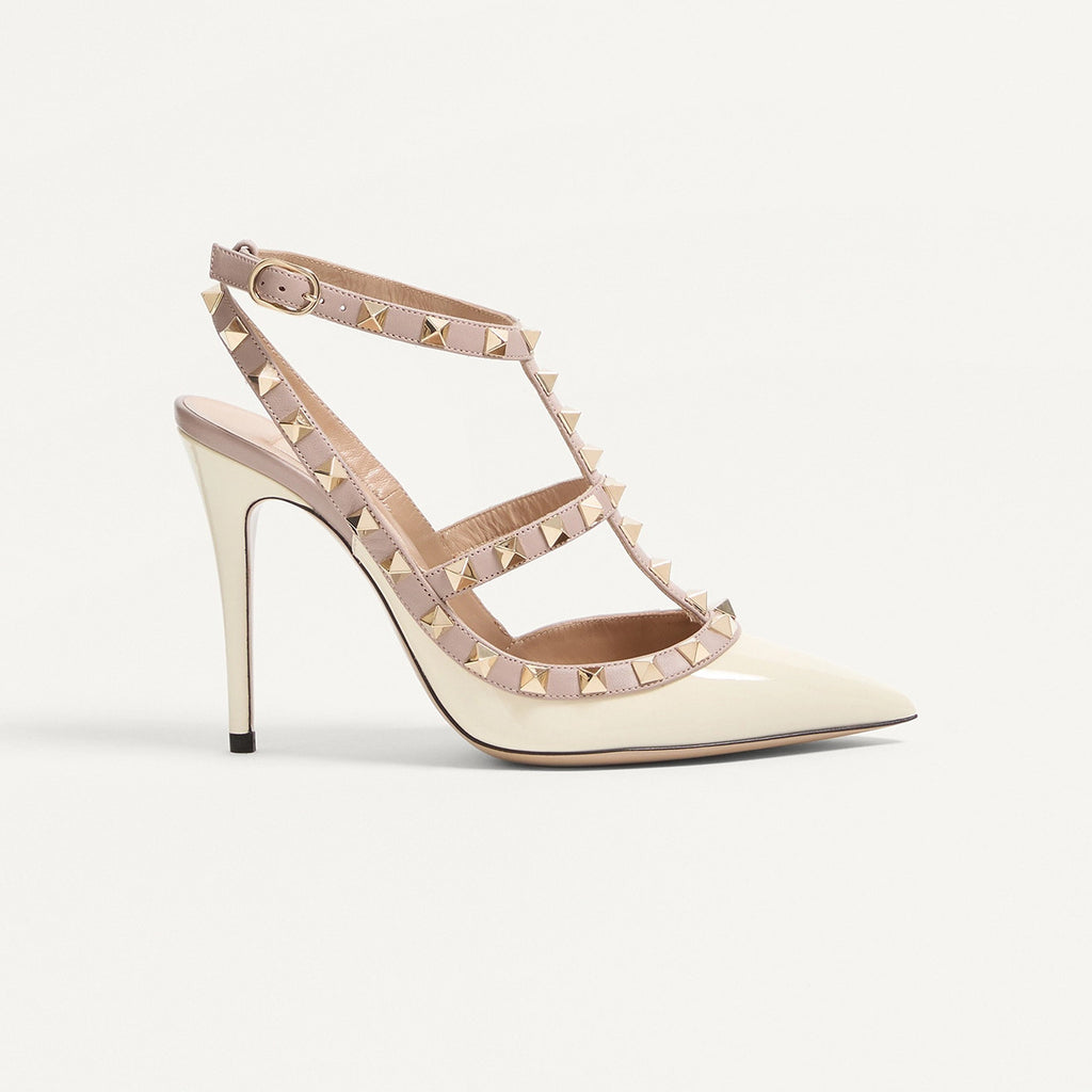 Valentino ROCKSTUD Women's Summer Classic Pointed-Toe Open-Back Stiletto Patent Leather Lace Up Studded Double-Strap High Heels #78999