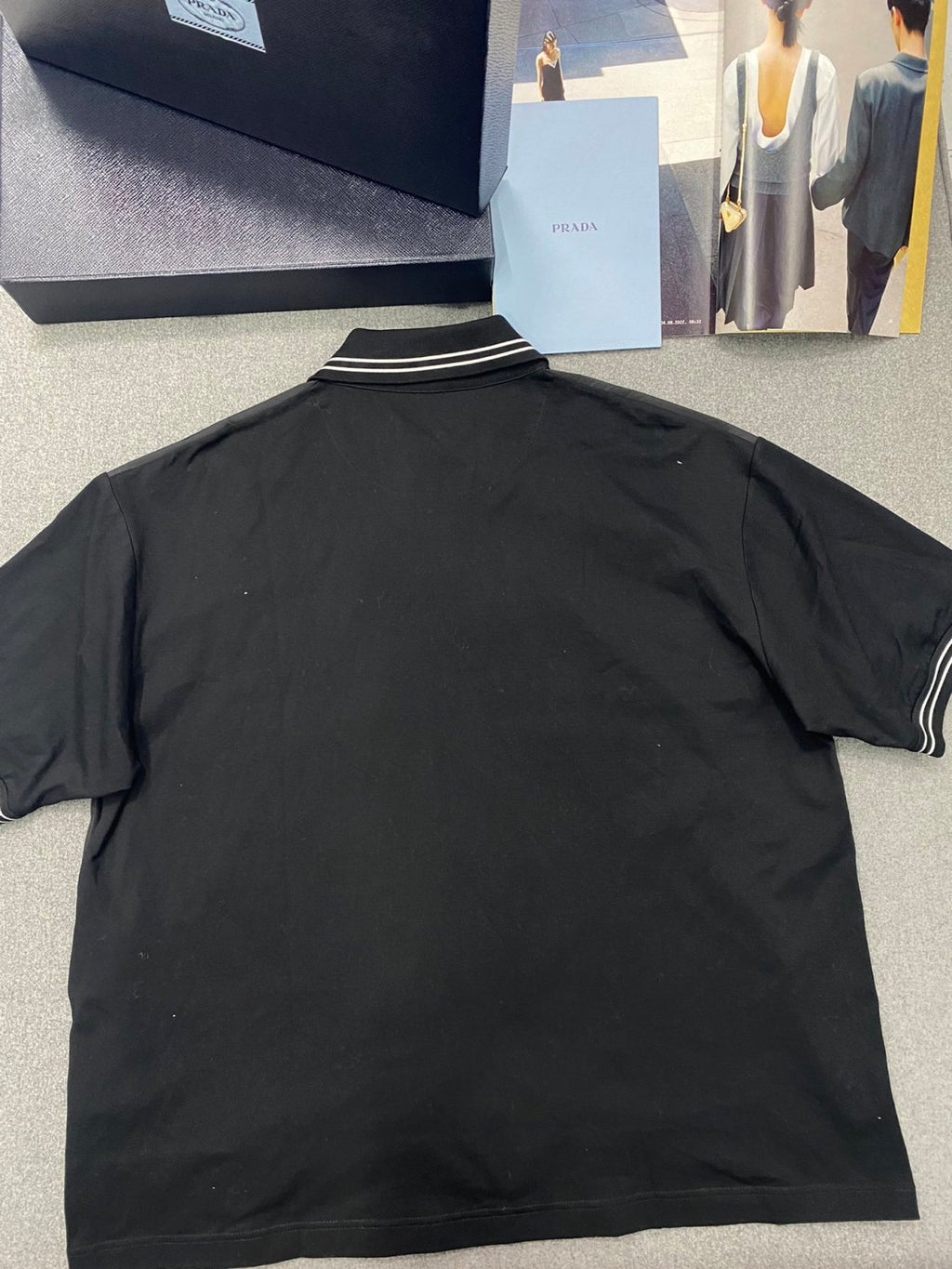 Prada Men's Summer Black Re-Nylon Detail Beaded Georgette Polo Shirt Short Sleeve Tee Striped Printed Bermuda Shorts Set Suit #99561