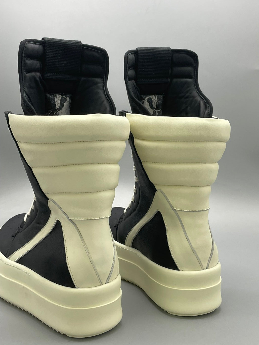 Rick Owens Men's And Women's Black And White Inverted Triangle High Top Lace Up Cowhide Shoes #77917