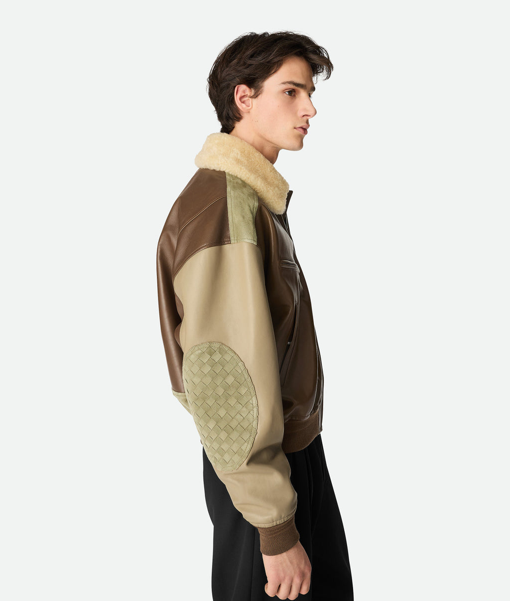 Bottega Veneta Men's Soft Leather Removable Lambswool Collar Spring And Autumn Color-Block Zipper Long-Sleeved Nappa Blouson Leather Jacket Ngvp #2126