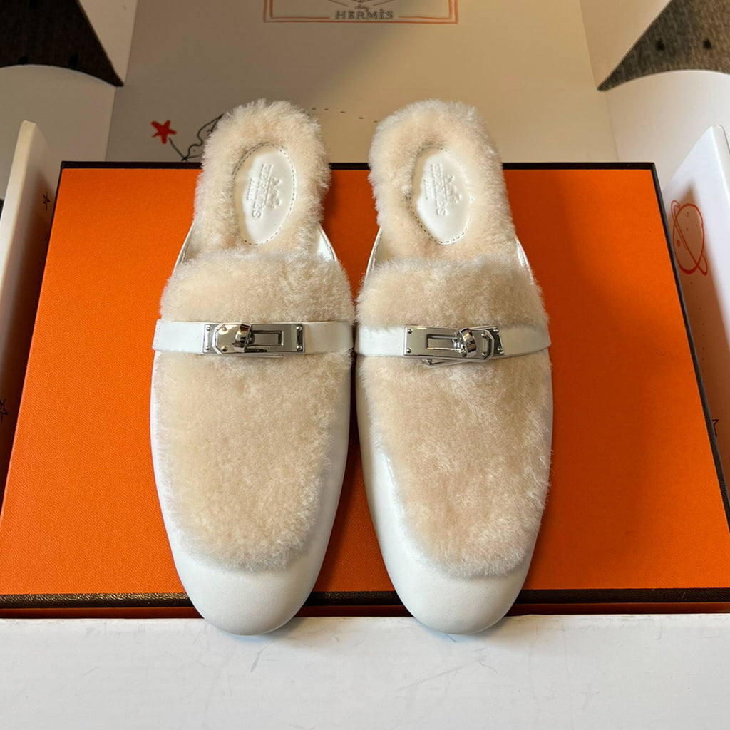 Hermes Women's Winter Head-Covering Half-Support Shoes Casual Solid Color Oz Flat Mule Slippers #81518