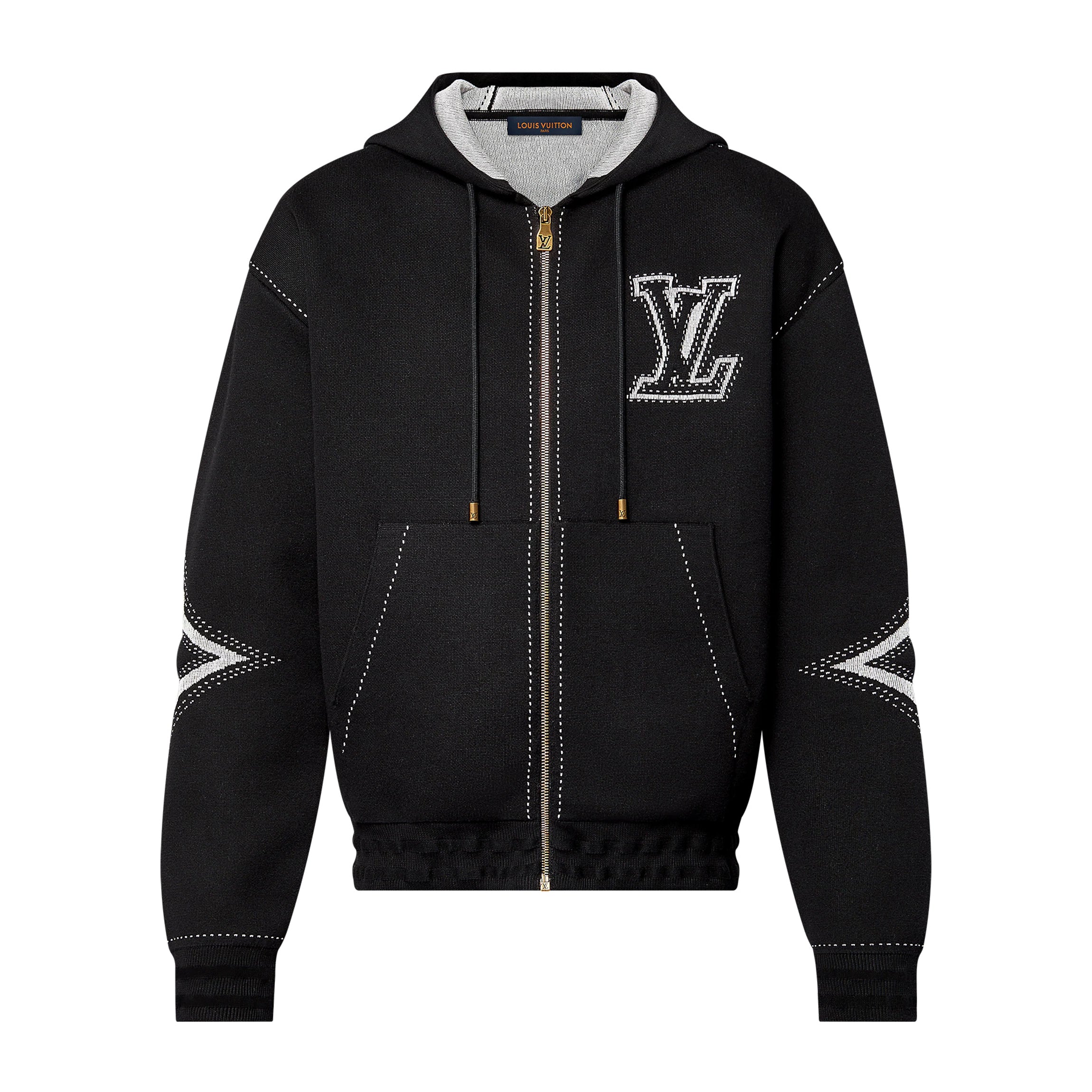 Louis Vuitton Women's Fall/Winter Black Logo Applique Zipper Hooded Long Sleeve Jacket #73154