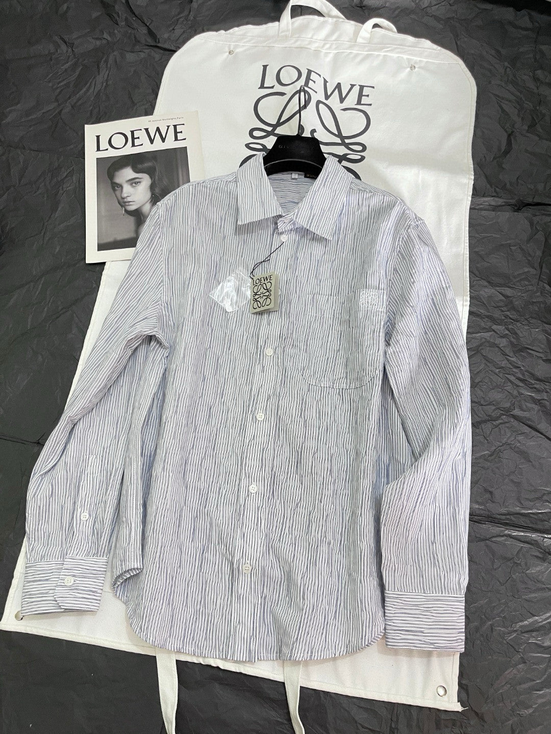 Loewe Men's Spring/Autumn Striped Wavy Texture Embroidered Solid Color Cotton Blend Solid Color Long Sleeve Shirt #81463