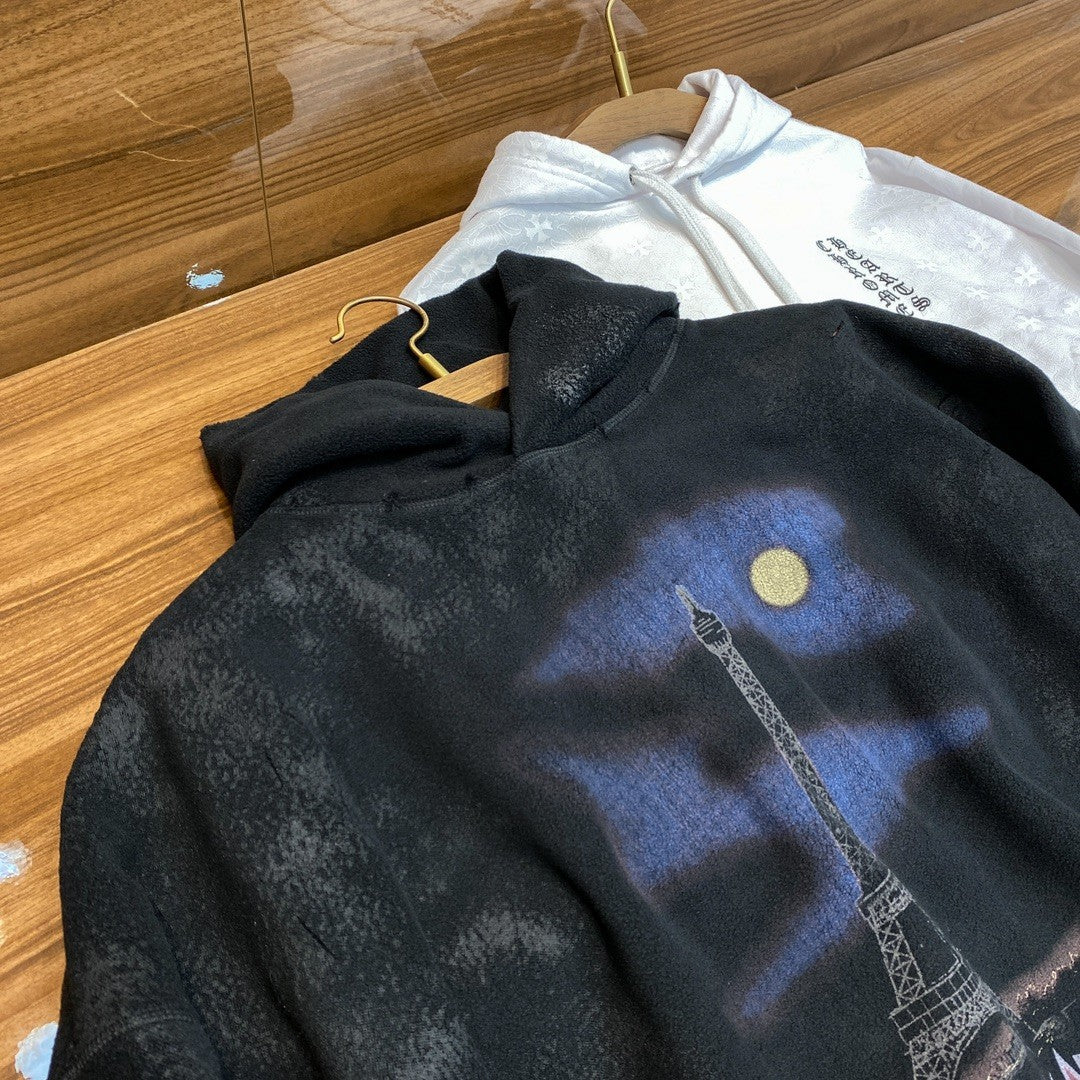 Balenciaga Men And Women With The Same Models Spring And Fall Do Old Do Fake Holes Washed Hooded Sweatshirt Pullover Paris Moon No Pocket Hoodie Oversized Black Faded #72926